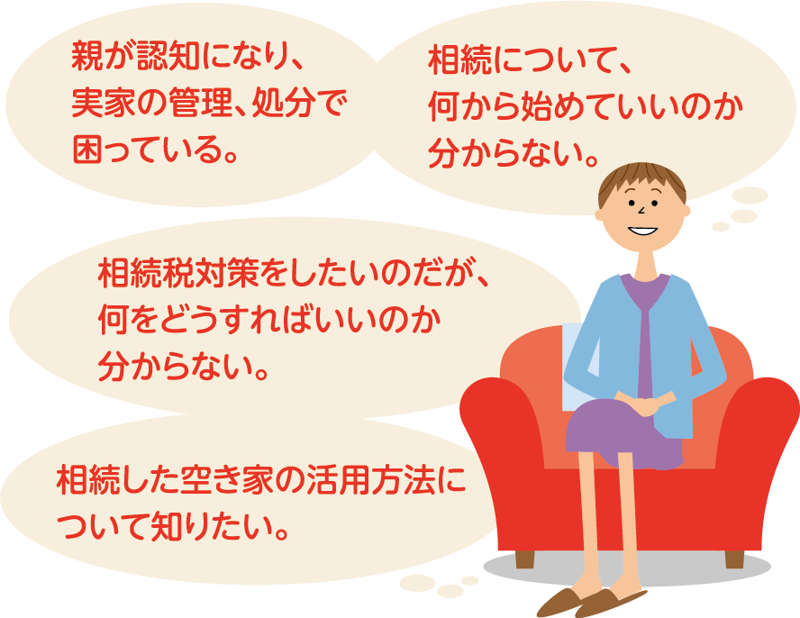「親が認知になり、実家の管理、処分で困っている。」 「相続について、何から始めていいのか分からない。」 「相続税対策をしたいのだが、何をどうすればいいのか分からない。」 「相続した空き家の活用方法について知りたい。」
